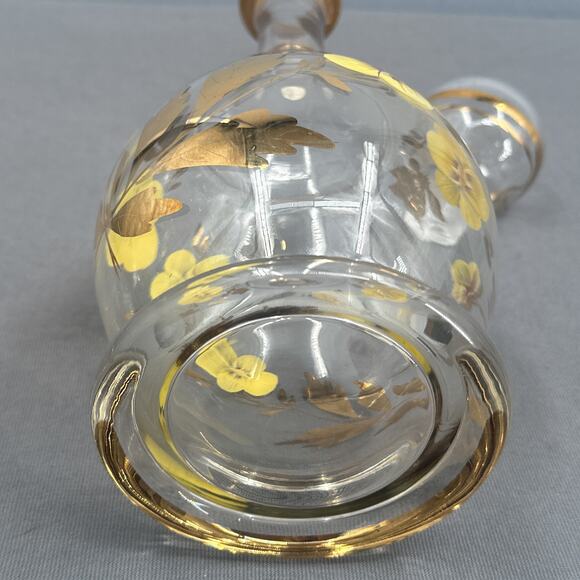 VTG Wine Decanter 15 Floral Hand Painted Romanian Crystal Gold Yellow MCM Carafe - Picture 9 of 16